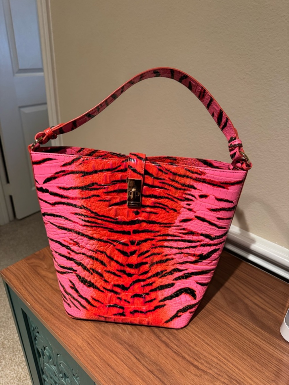 Brahmin Hot Pink & Black Tiger-Print Shoulder Bag